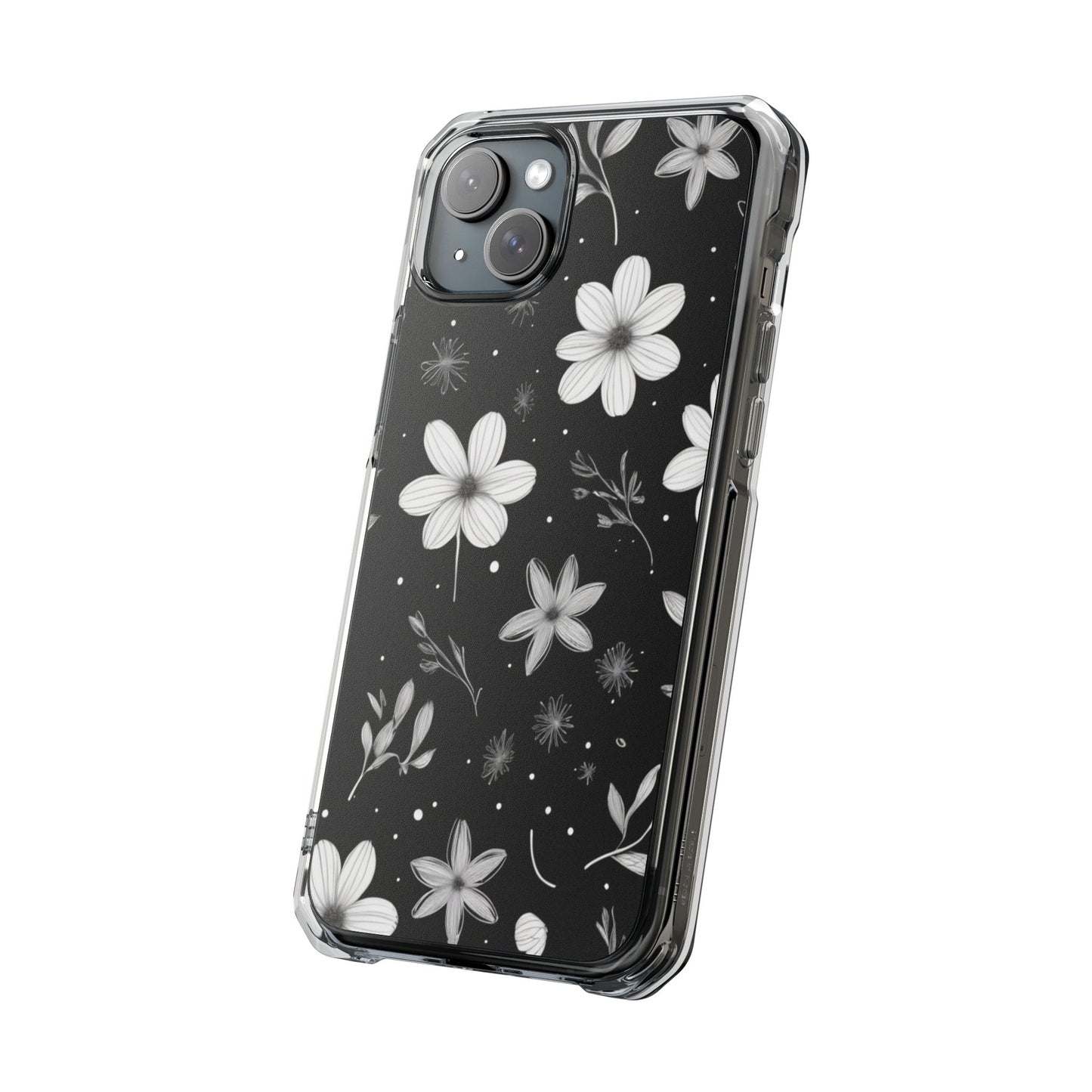 Chic Black and White Floral Print Magnetic Clear Impact Case for iPhone 16 15 14