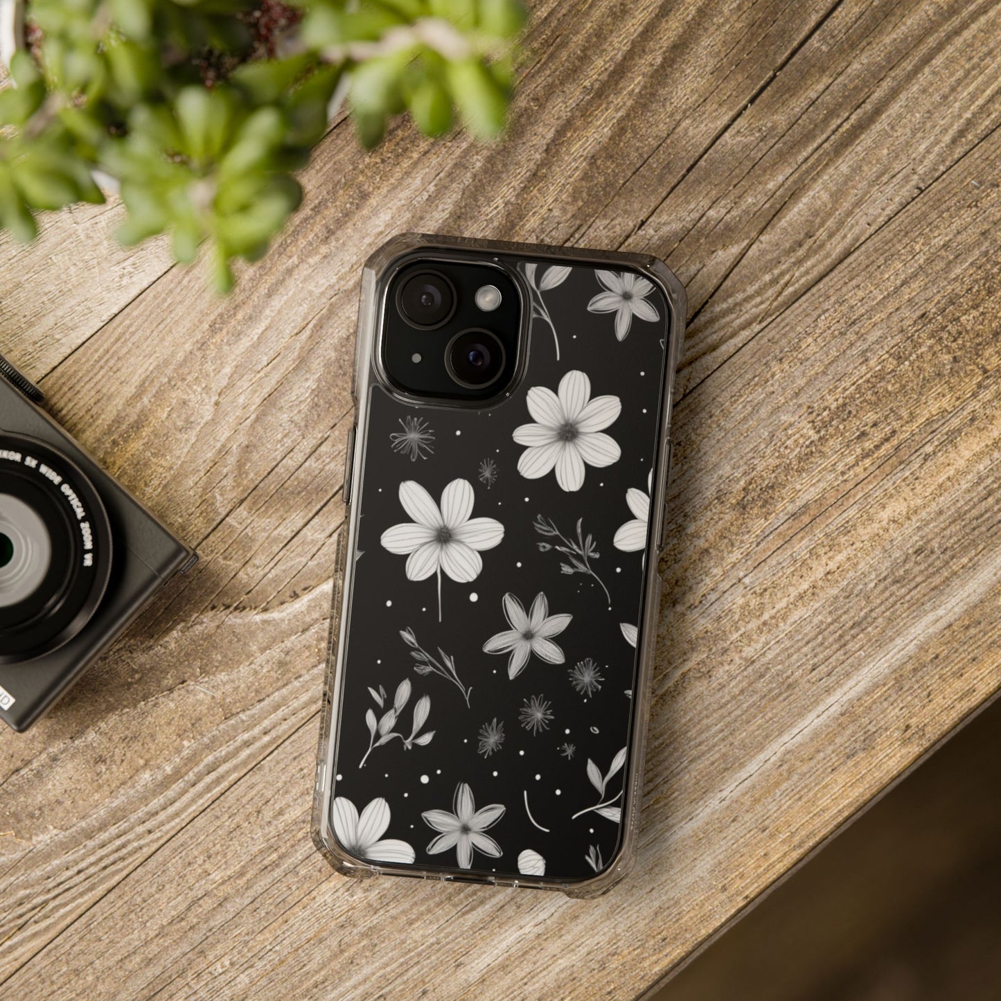Chic Black and White Floral Print Magnetic Clear Impact Case for iPhone 16 15 14