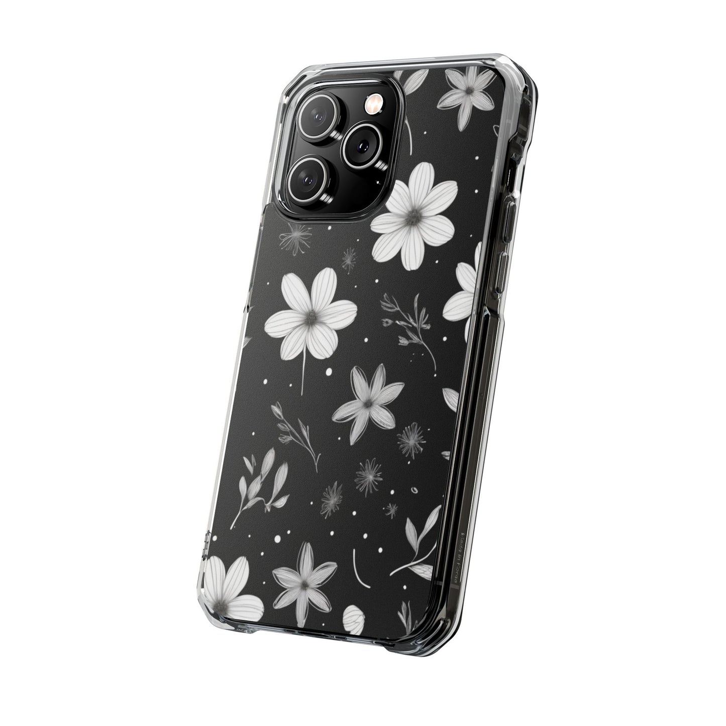 Chic Black and White Floral Print Magnetic Clear Impact Case for iPhone 16 15 14