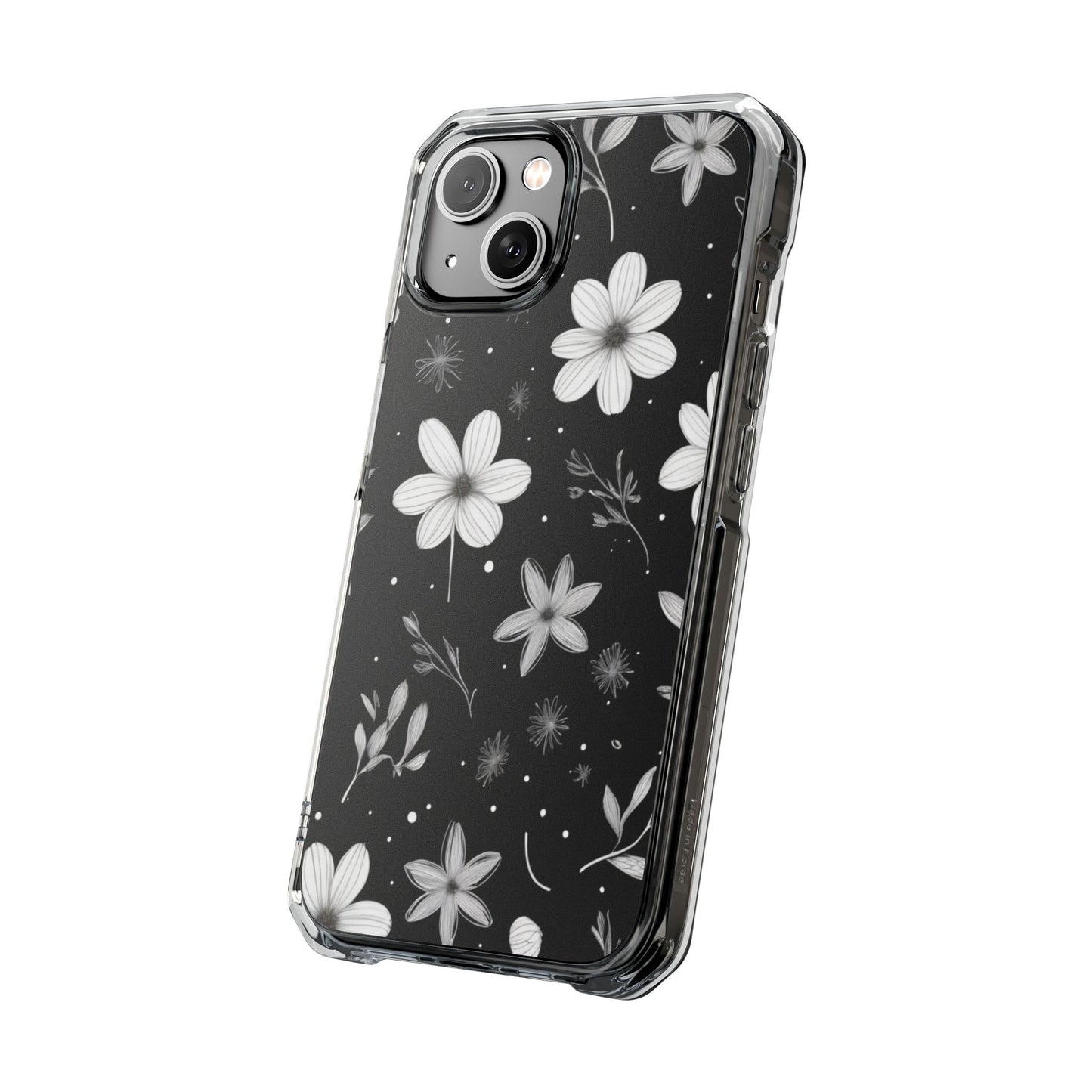 Chic Black and White Floral Print Magnetic Clear Impact Case for iPhone 16 15 14