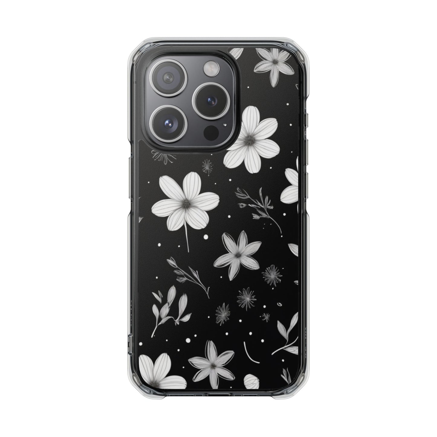 Chic Black and White Floral Print Magnetic Clear Impact Case for iPhone 16 15 14