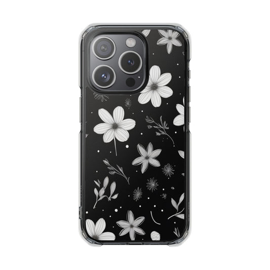 Chic Black and White Floral Print Magnetic Clear Impact Case for iPhone 16 15 14