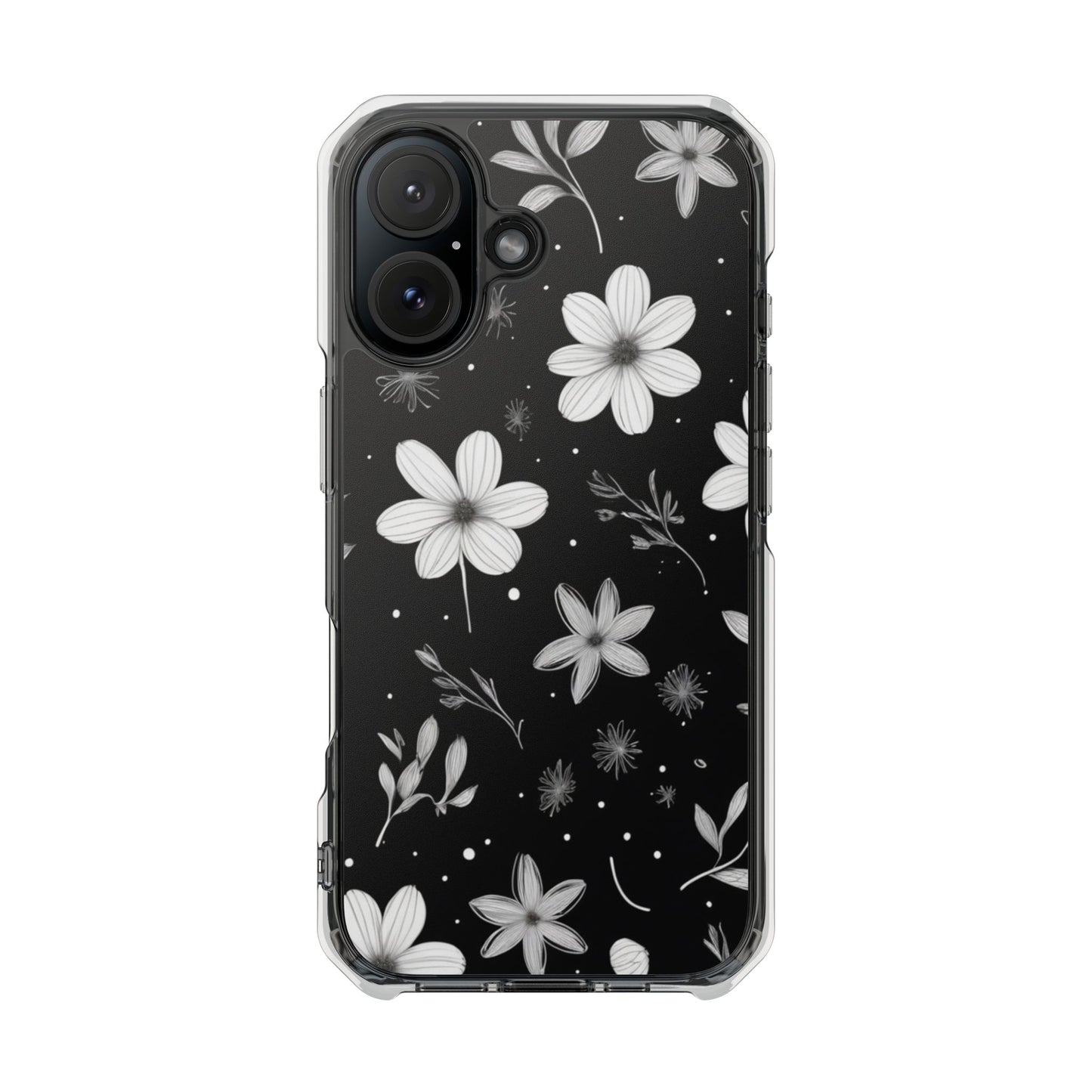 Chic Black and White Floral Print Magnetic Clear Impact Case for iPhone 16 15 14