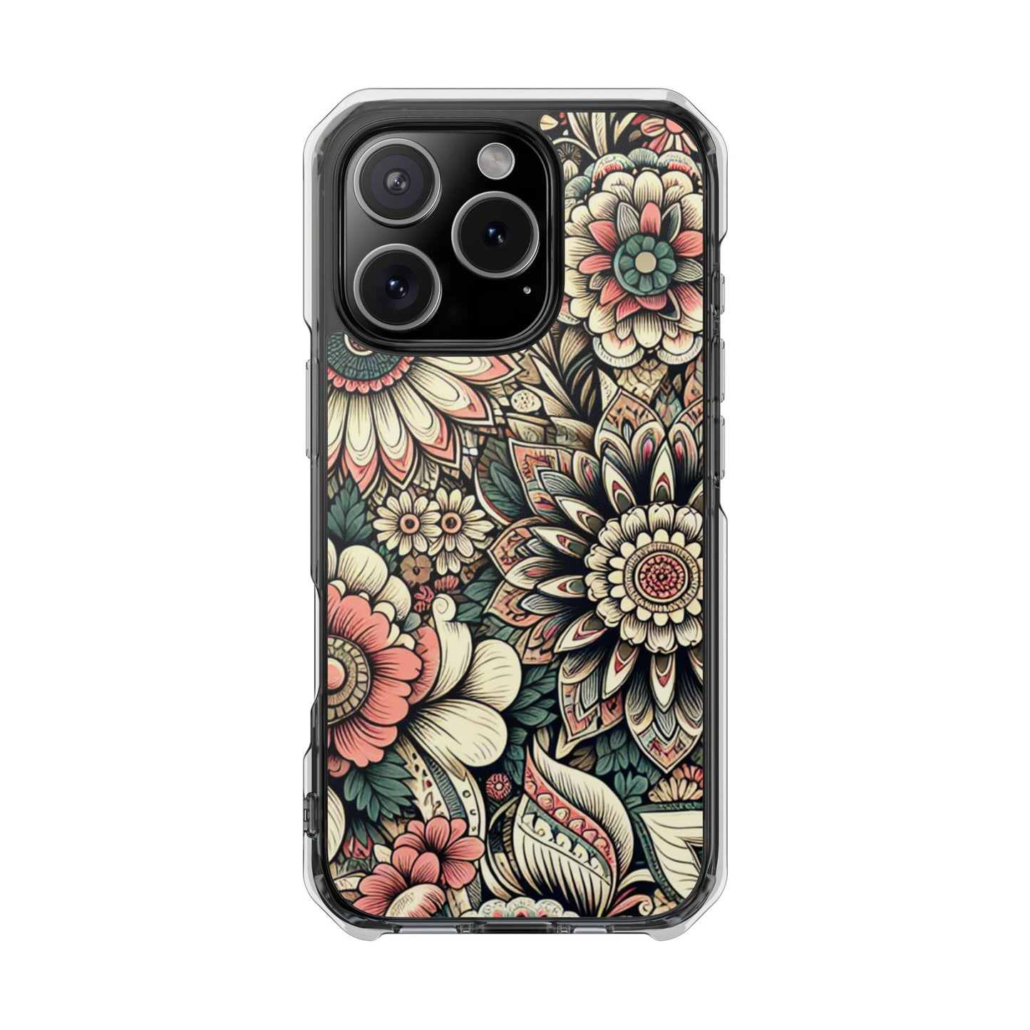 Boho Floral Magnetic Clear Impact Case for iPhone 16 15 14