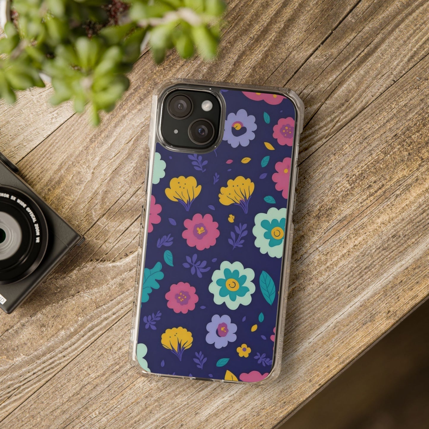 Purple Floral Magnetic Clear Impact Case for iPhone 16 15 14