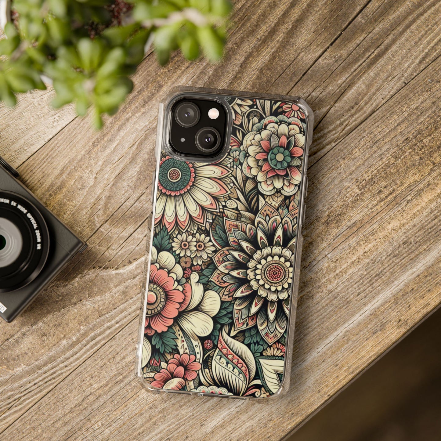 Boho Floral Magnetic Clear Impact Case for iPhone 16 15 14