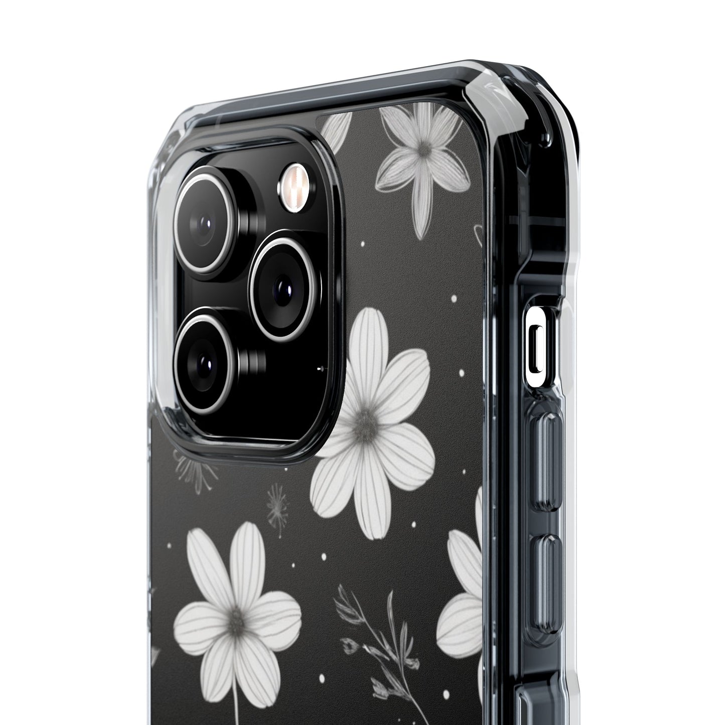Chic Black and White Floral Print Magnetic Clear Impact Case for iPhone 16 15 14