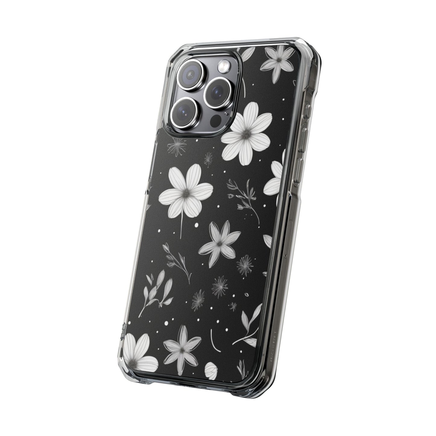 Chic Black and White Floral Print Magnetic Clear Impact Case for iPhone 16 15 14