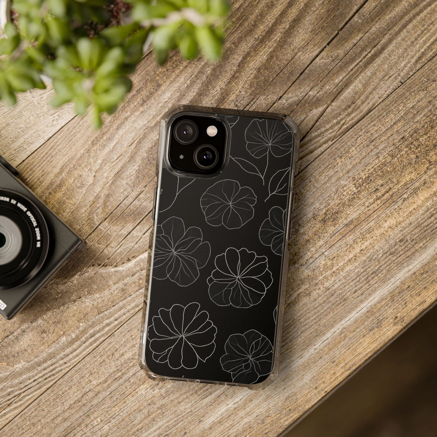 Black Floral Magnetic Clear Impact Case for iPhone 16 15 14