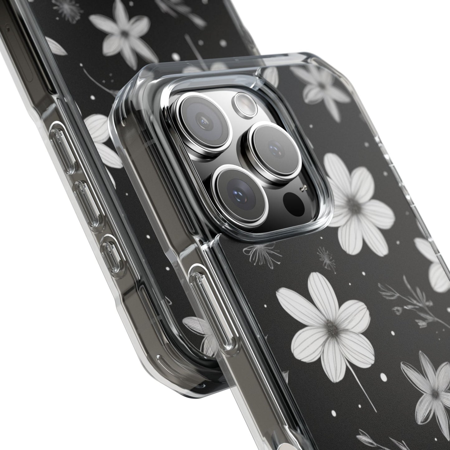 Chic Black and White Floral Print Magnetic Clear Impact Case for iPhone 16 15 14