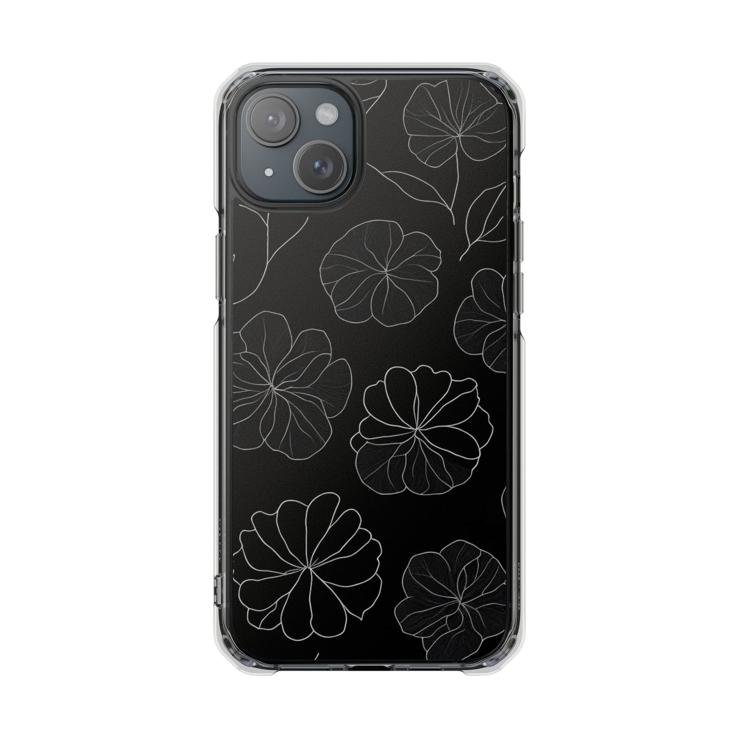 Black Floral Magnetic Clear Impact Case for iPhone 16 15 14