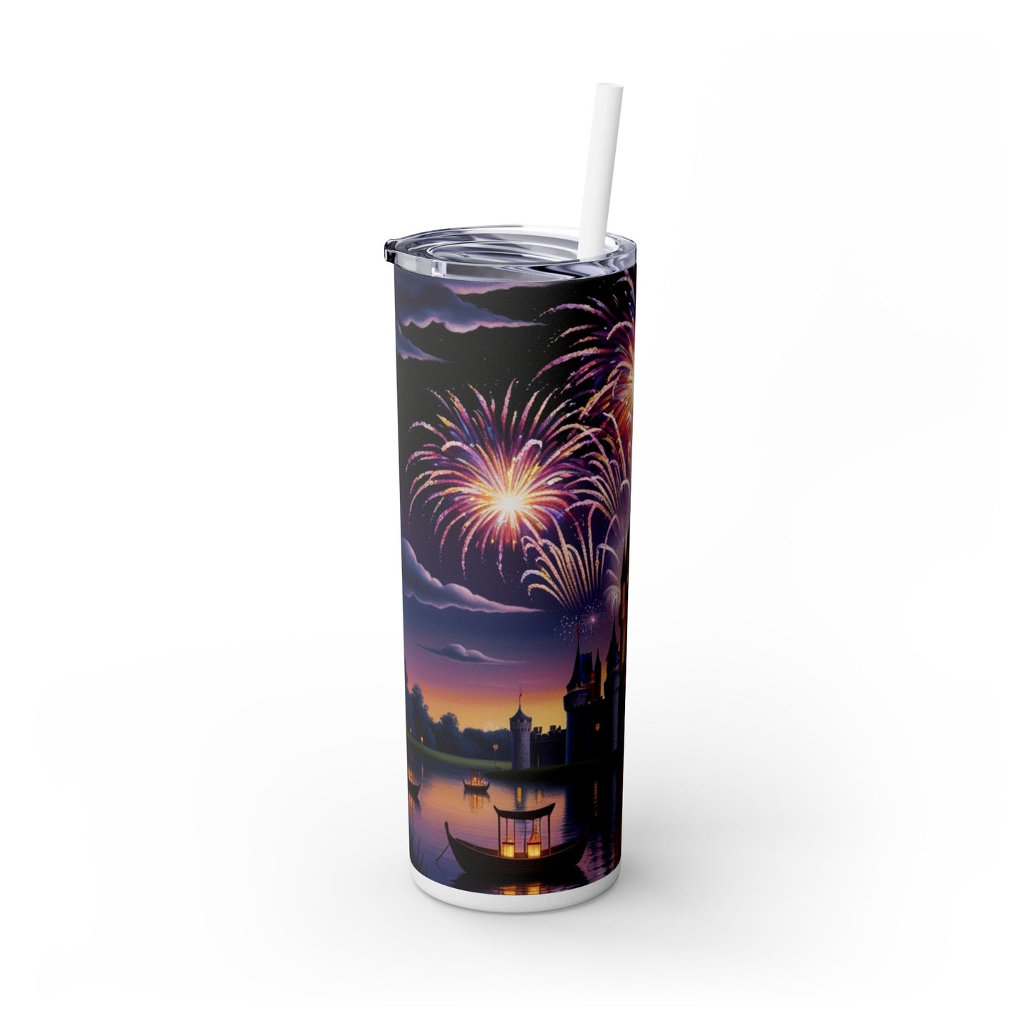 Night Sky Castle and Fireworks Skinny Tumbler, 20oz