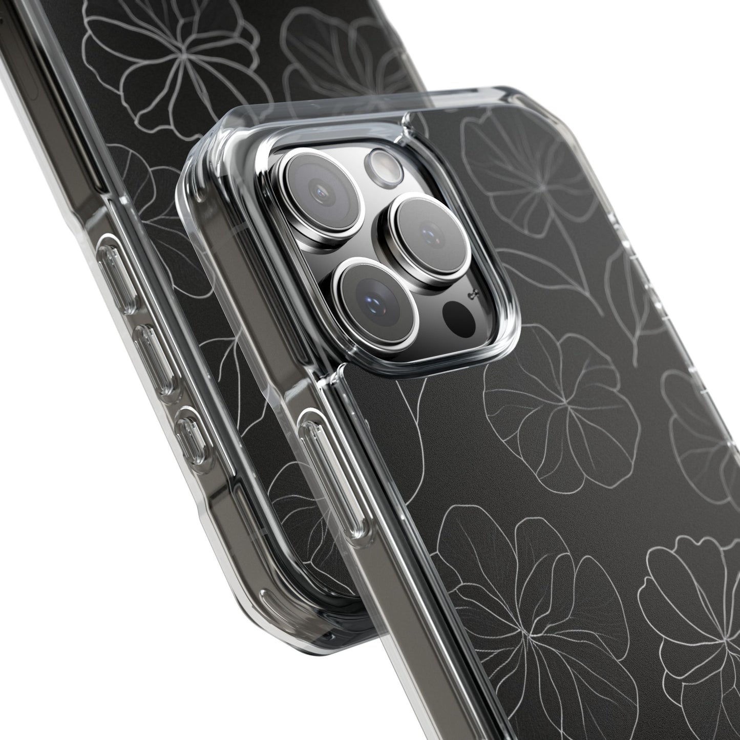 Black Floral Magnetic Clear Impact Case for iPhone 16 15 14