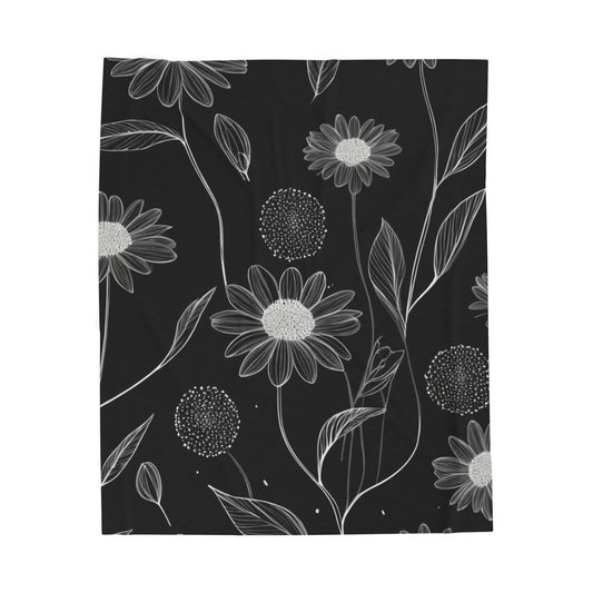 Black and White Floral Velveteen Plush Blanket