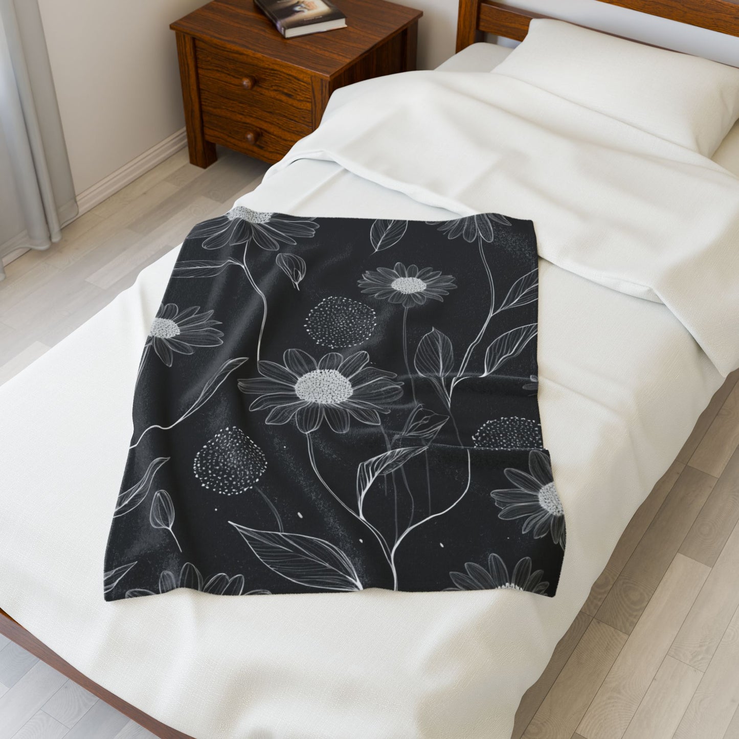 Black and White Floral Velveteen Plush Blanket