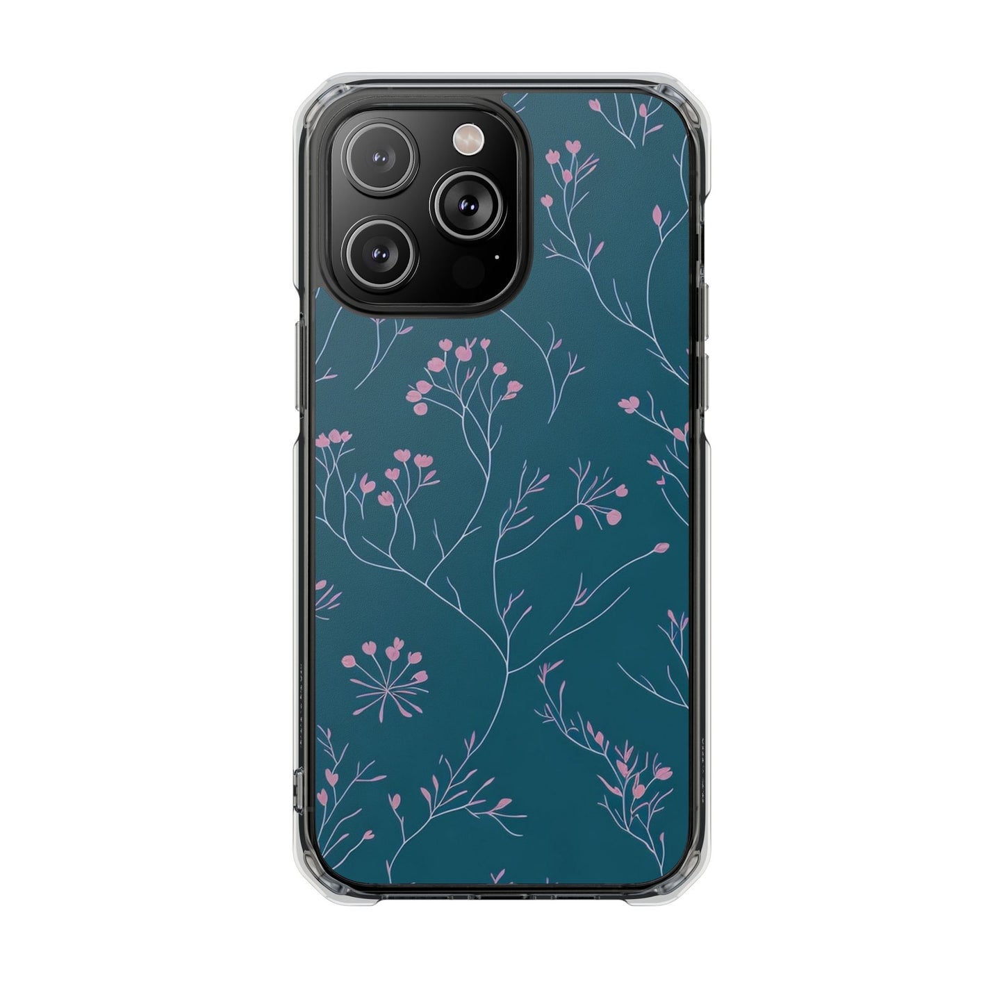 Teal Floral Magnetic Clear Impact Case for iPhone 16 15 14