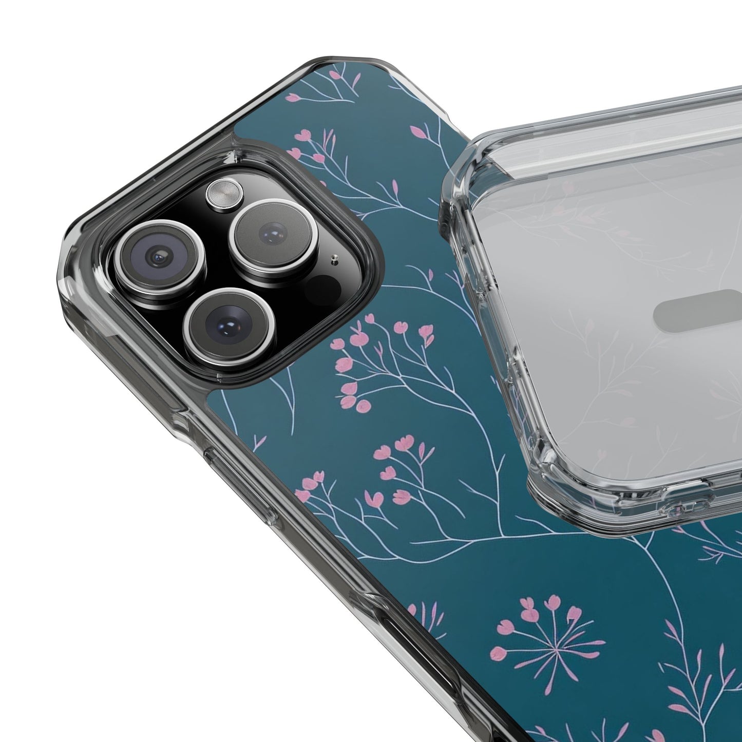 Teal Floral Magnetic Clear Impact Case for iPhone 16 15 14