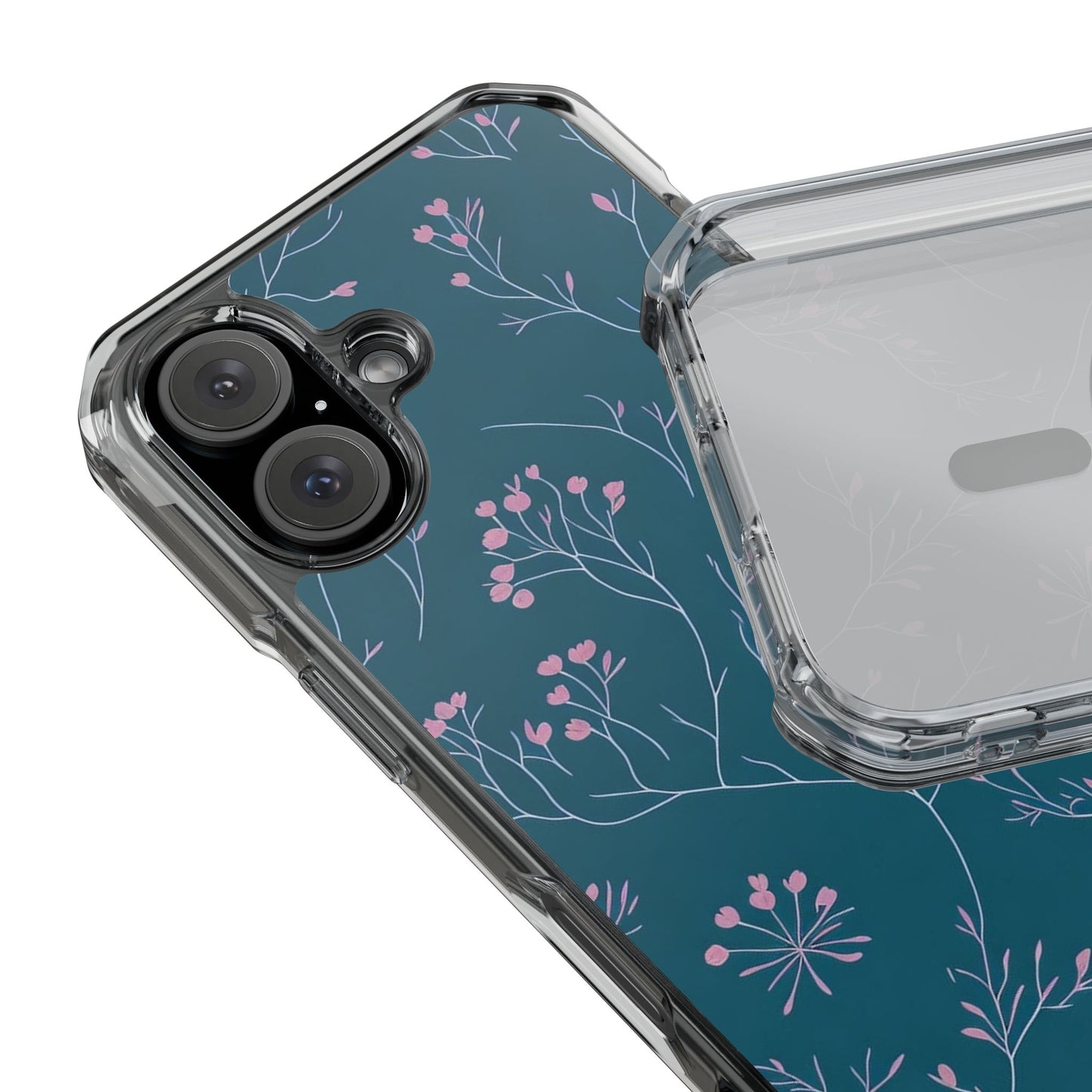 Teal Floral Magnetic Clear Impact Case for iPhone 16 15 14