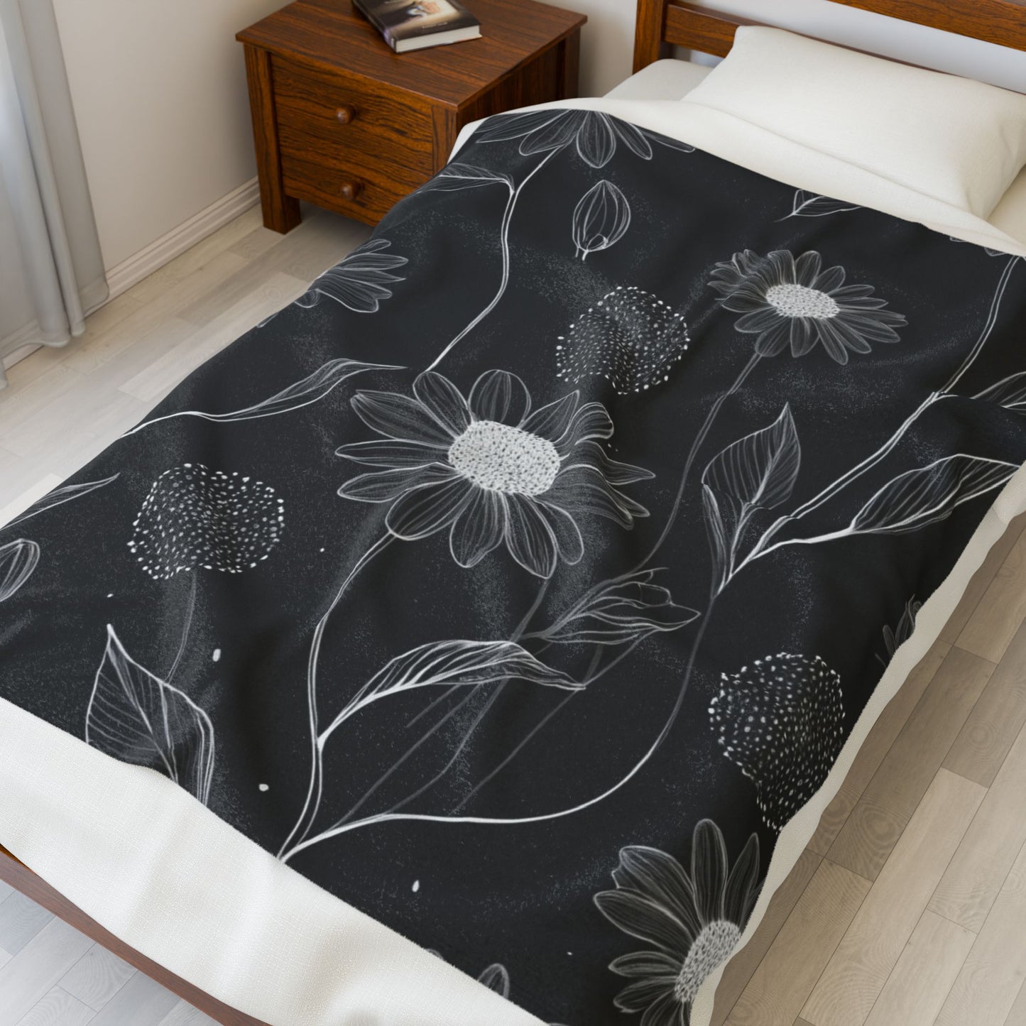 Black and White Floral Velveteen Plush Blanket