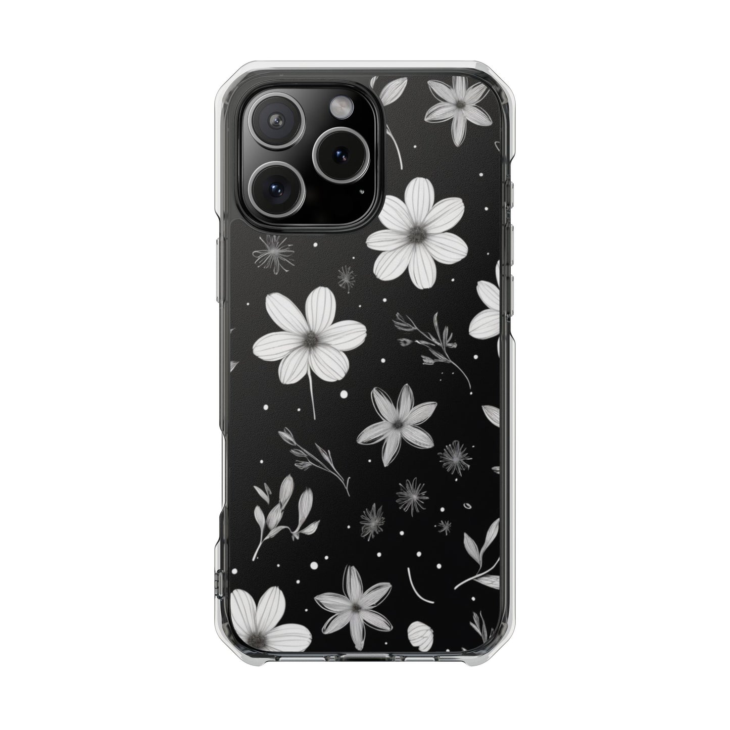 Chic Black and White Floral Print Magnetic Clear Impact Case for iPhone 16 15 14