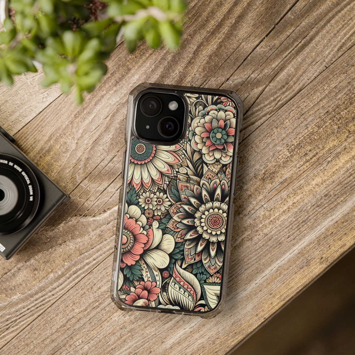 Boho Floral Magnetic Clear Impact Case for iPhone 16 15 14