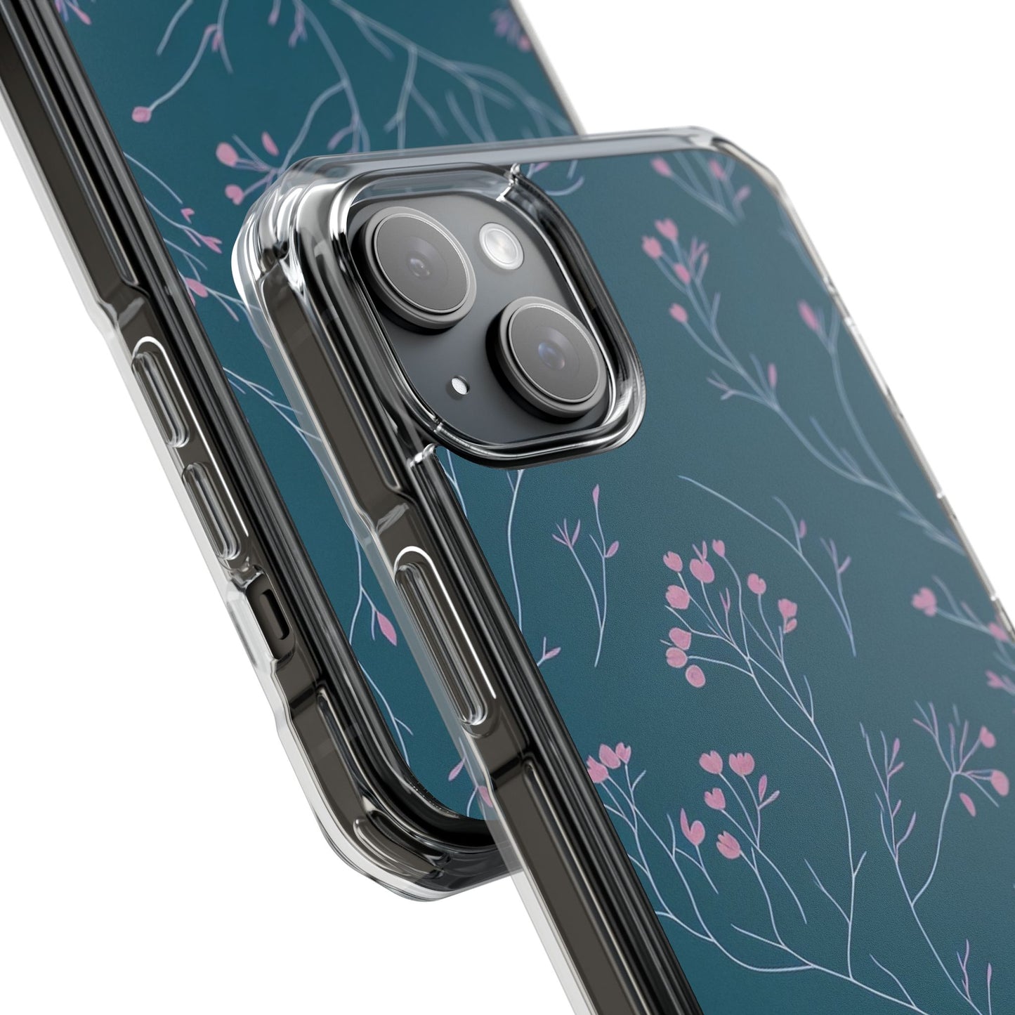 Teal Floral Magnetic Clear Impact Case for iPhone 16 15 14