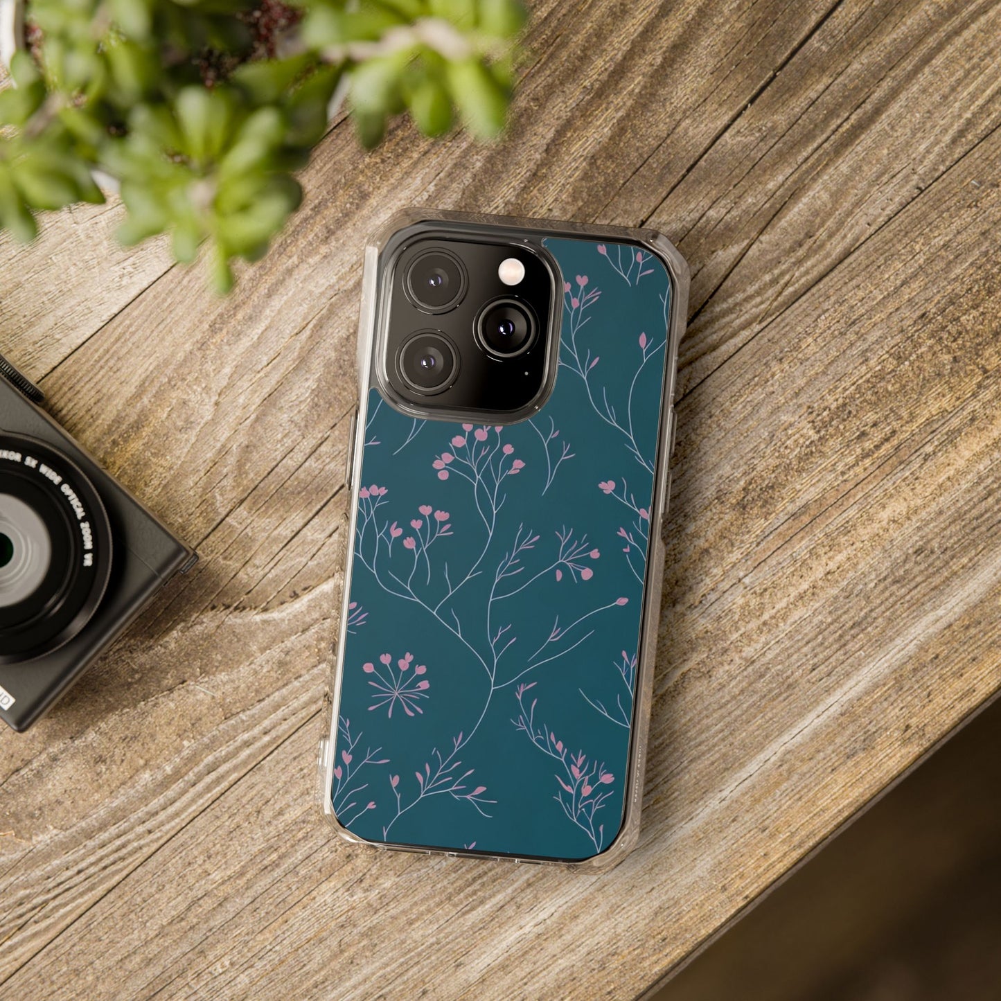Teal Floral Magnetic Clear Impact Case for iPhone 16 15 14