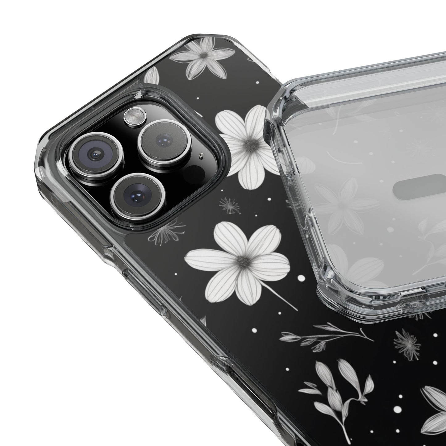 Chic Black and White Floral Print Magnetic Clear Impact Case for iPhone 16 15 14