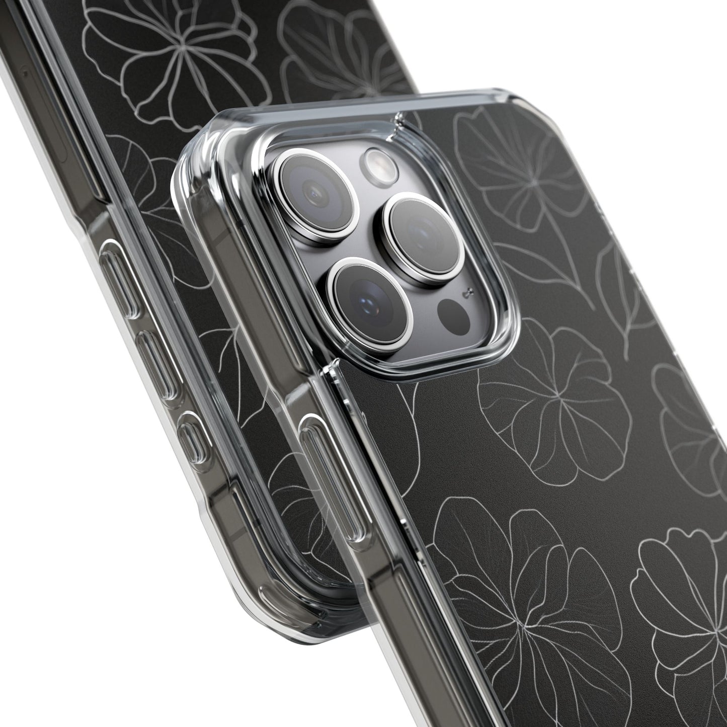 Black Floral Magnetic Clear Impact Case for iPhone 16 15 14