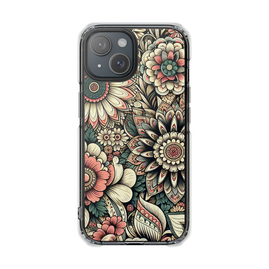 Boho Floral Magnetic Clear Impact Case for iPhone 16 15 14