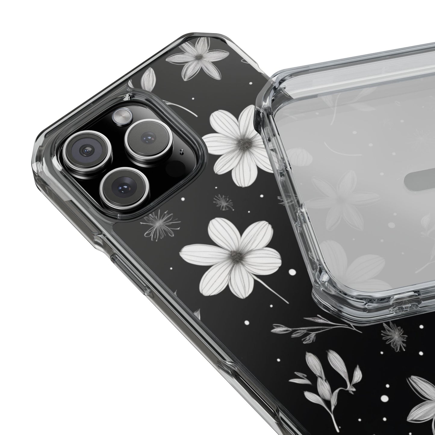 Chic Black and White Floral Print Magnetic Clear Impact Case for iPhone 16 15 14