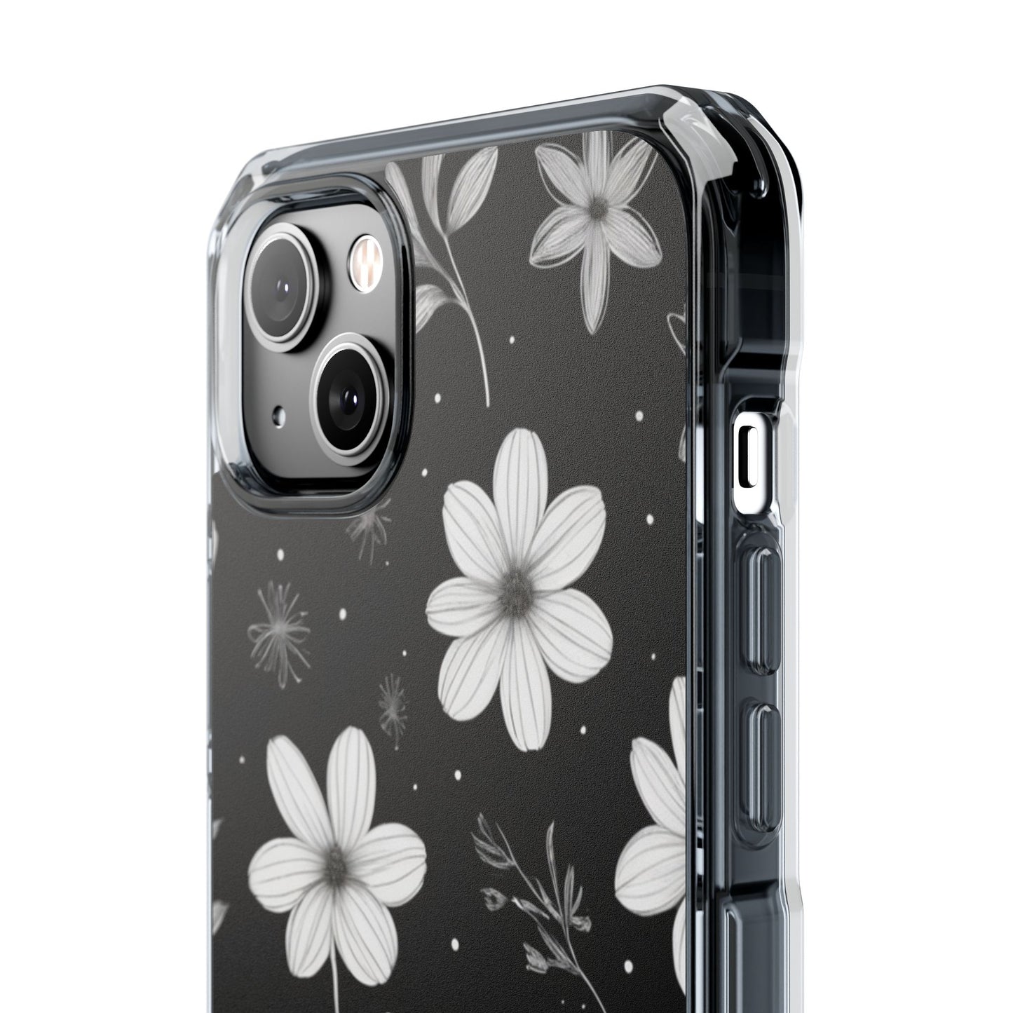 Chic Black and White Floral Print Magnetic Clear Impact Case for iPhone 16 15 14