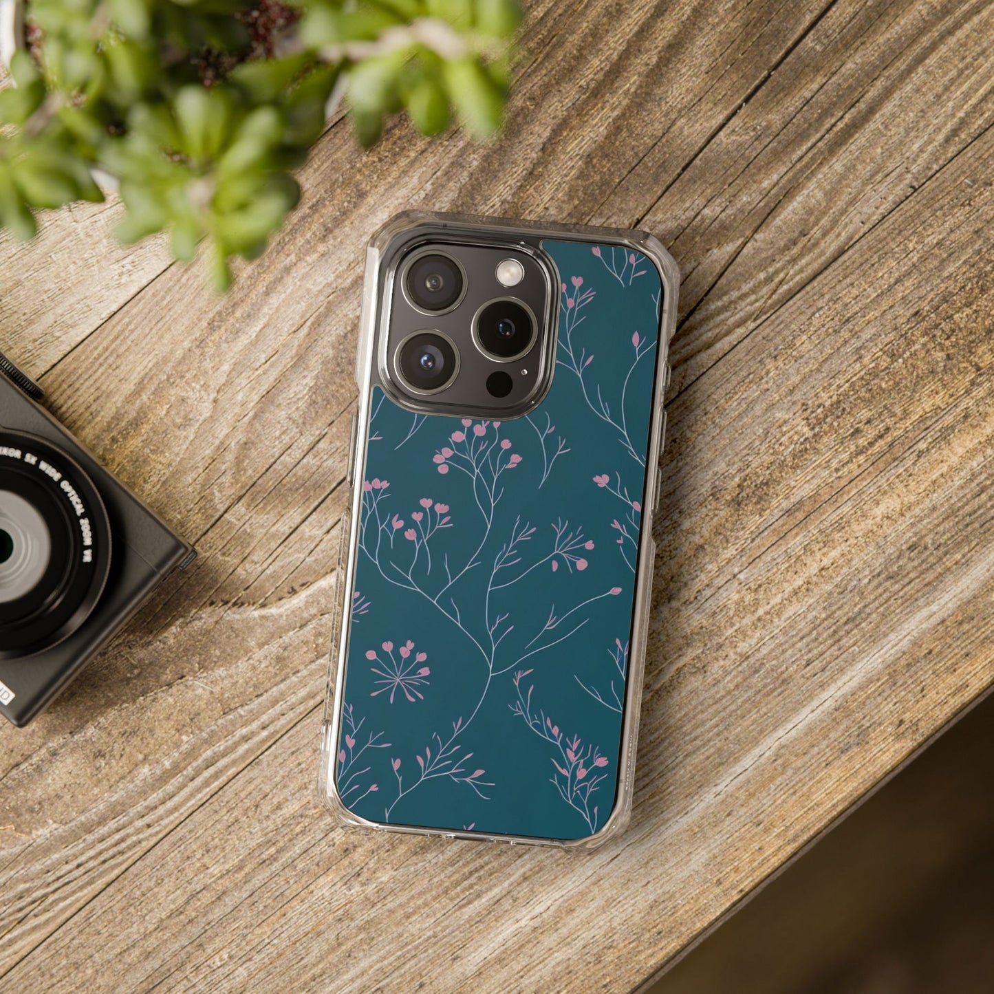 Teal Floral Magnetic Clear Impact Case for iPhone 16 15 14