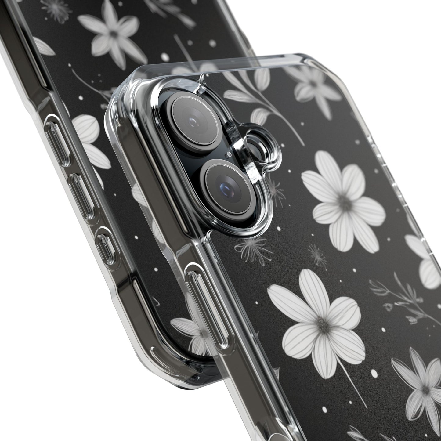 Chic Black and White Floral Print Magnetic Clear Impact Case for iPhone 16 15 14
