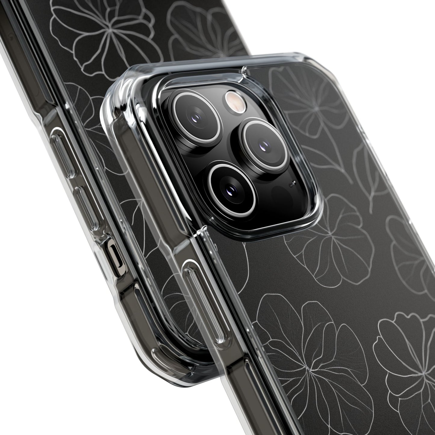 Black Floral Magnetic Clear Impact Case for iPhone 16 15 14