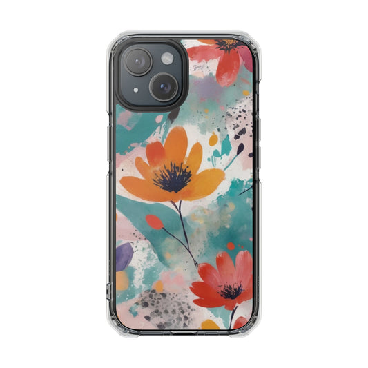 Floral Watercolor Design Magnetic Clear Impact Case for iPhone 16 15 14