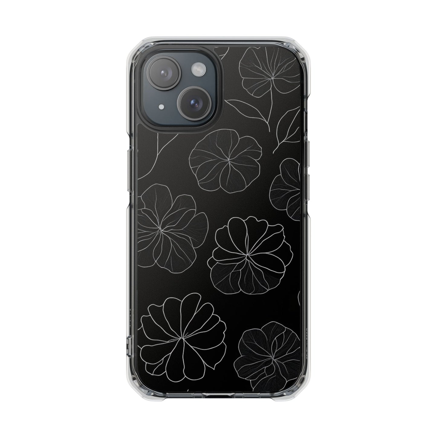 Black Floral Magnetic Clear Impact Case for iPhone 16 15 14