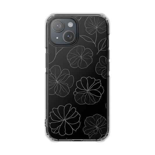 Black Floral Magnetic Clear Impact Case for iPhone 16 15 14