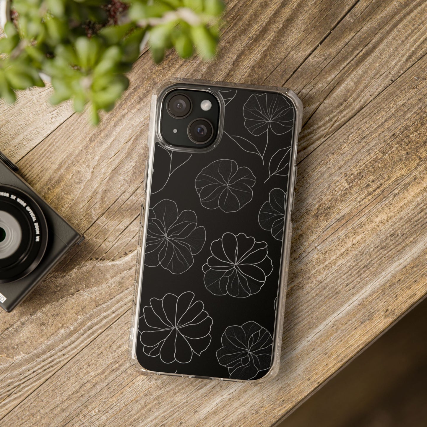 Black Floral Magnetic Clear Impact Case for iPhone 16 15 14