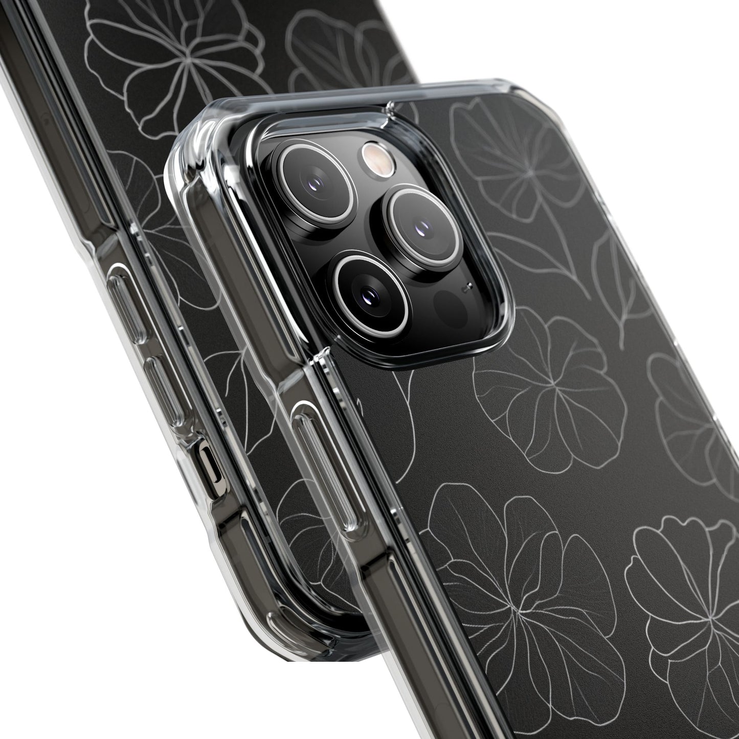 Black Floral Magnetic Clear Impact Case for iPhone 16 15 14
