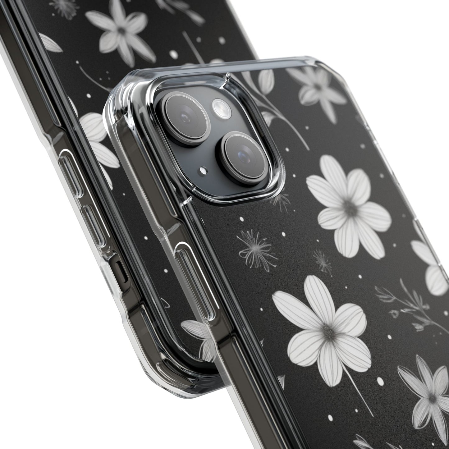 Chic Black and White Floral Print Magnetic Clear Impact Case for iPhone 16 15 14