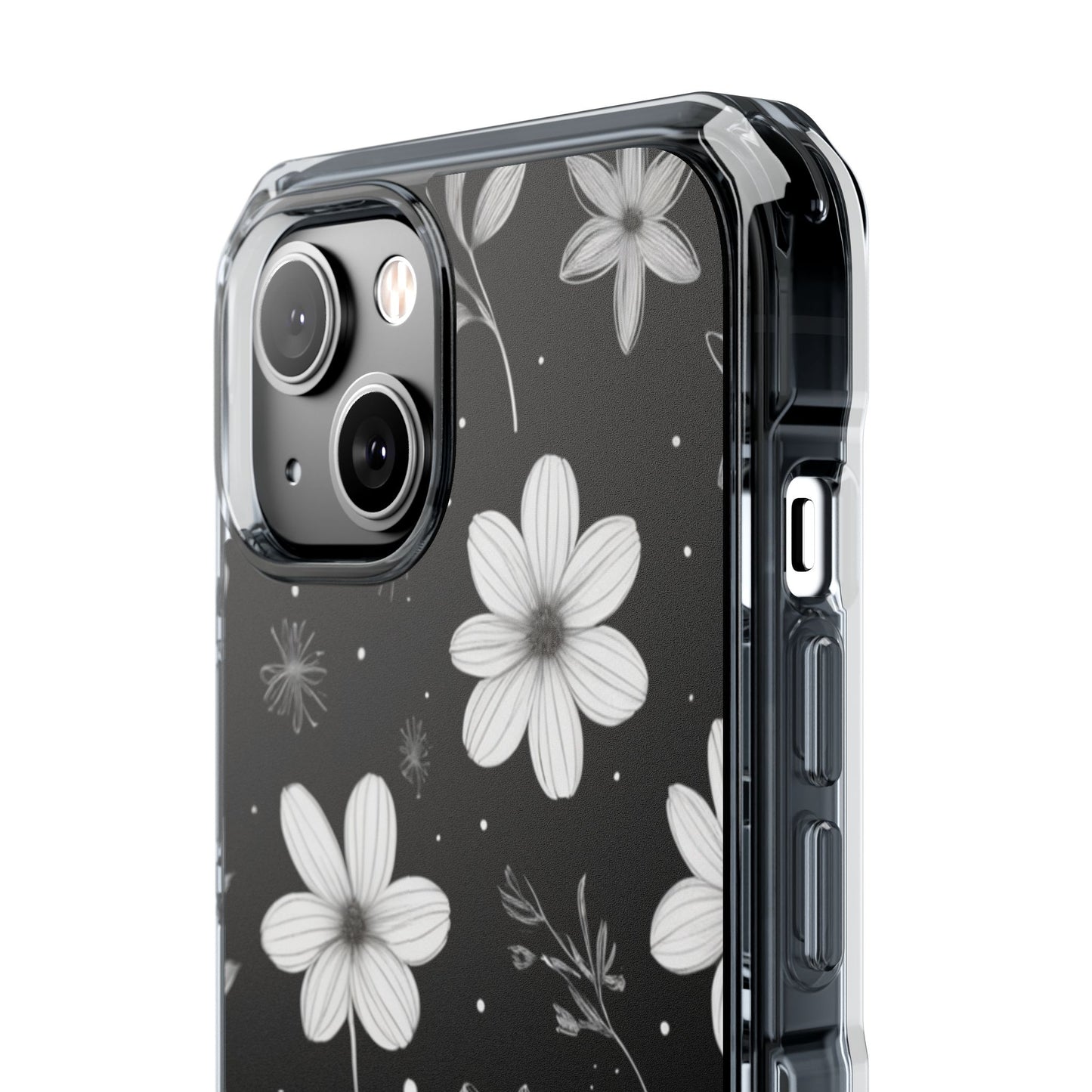 Chic Black and White Floral Print Magnetic Clear Impact Case for iPhone 16 15 14