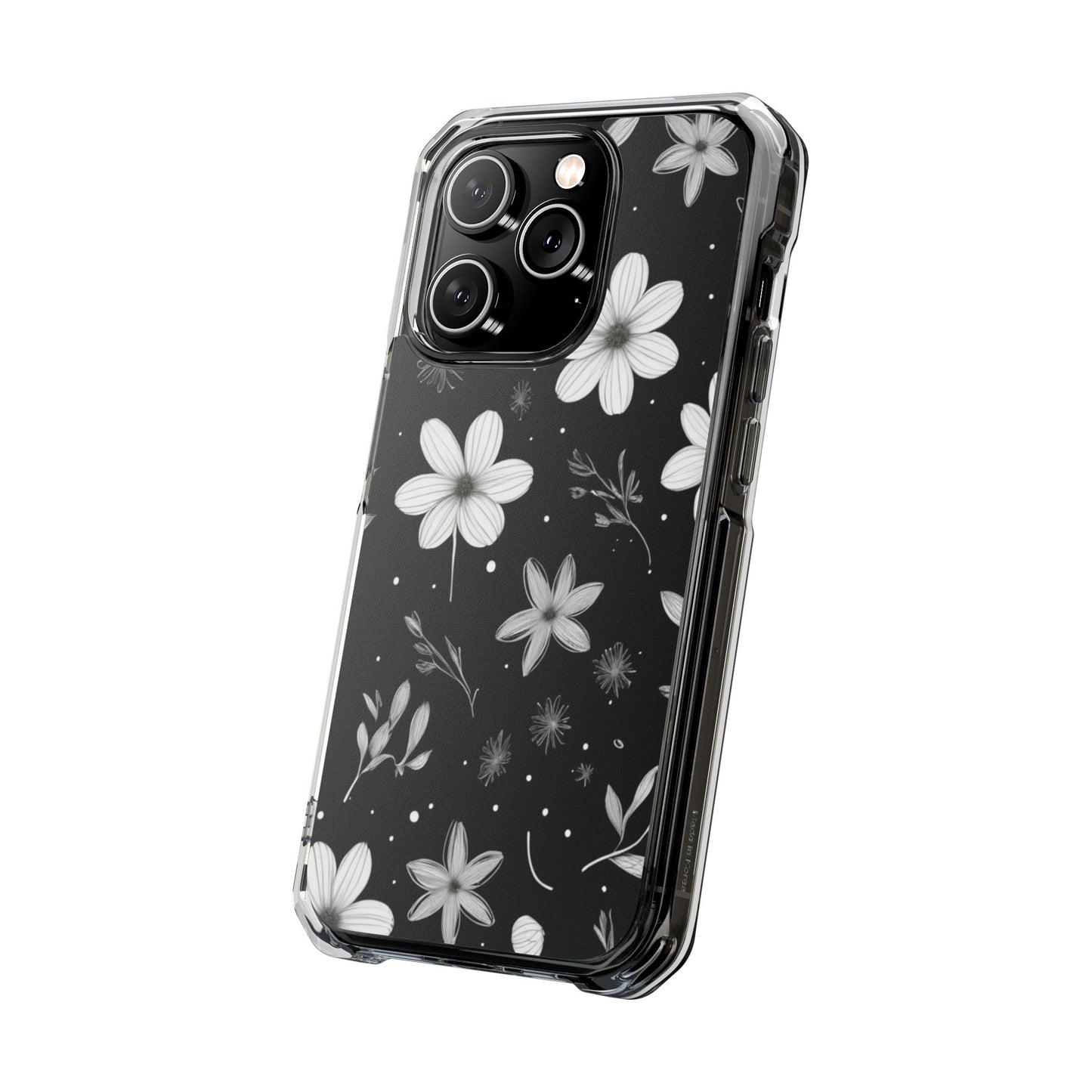 Chic Black and White Floral Print Magnetic Clear Impact Case for iPhone 16 15 14