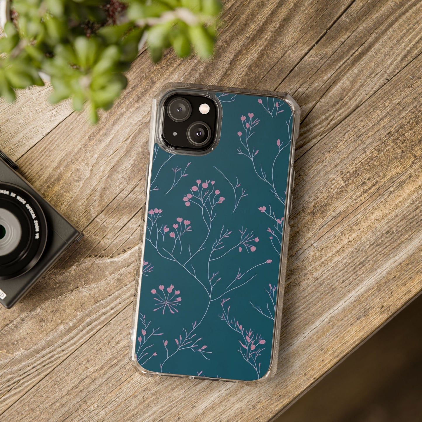 Teal Floral Magnetic Clear Impact Case for iPhone 16 15 14