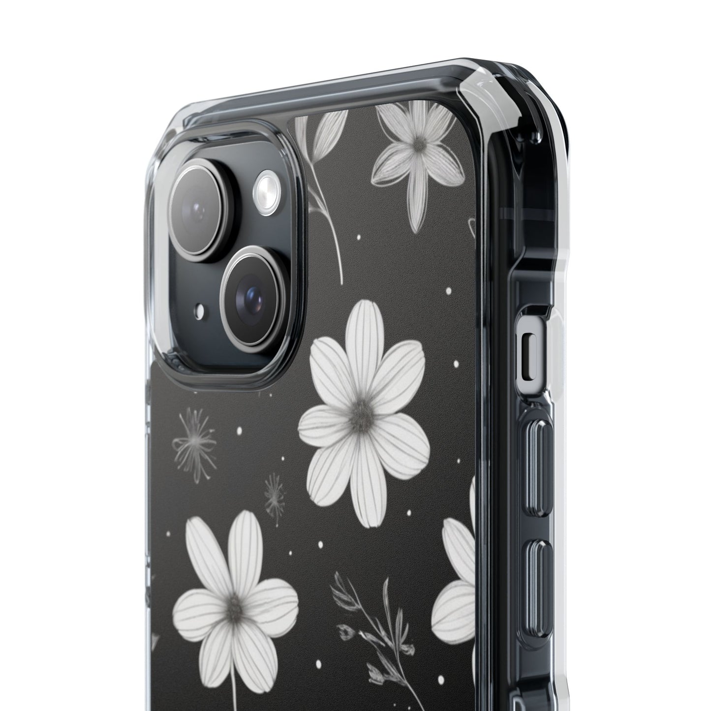 Chic Black and White Floral Print Magnetic Clear Impact Case for iPhone 16 15 14