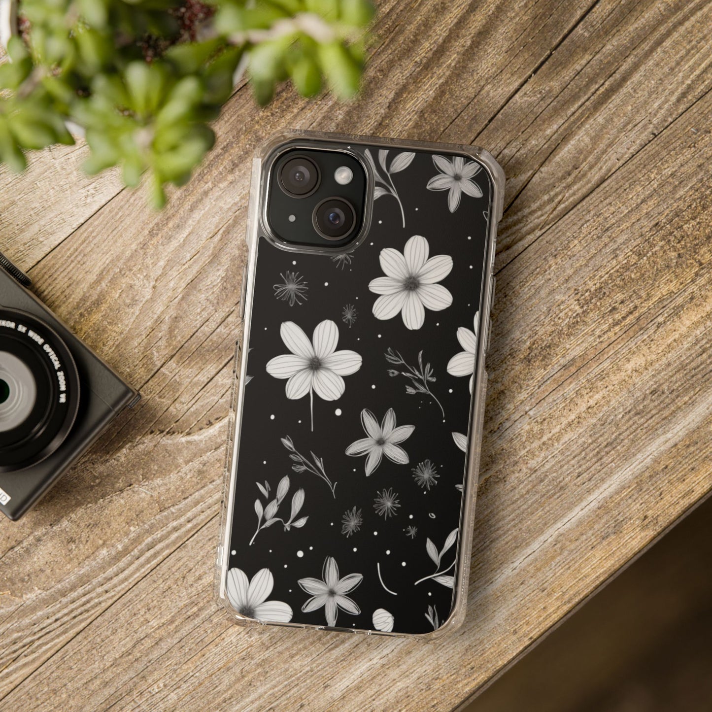 Chic Black and White Floral Print Magnetic Clear Impact Case for iPhone 16 15 14