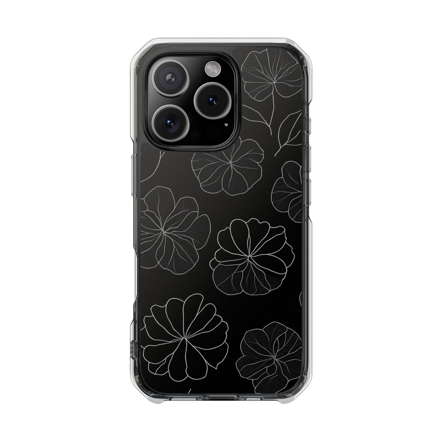 Black Floral Magnetic Clear Impact Case for iPhone 16 15 14