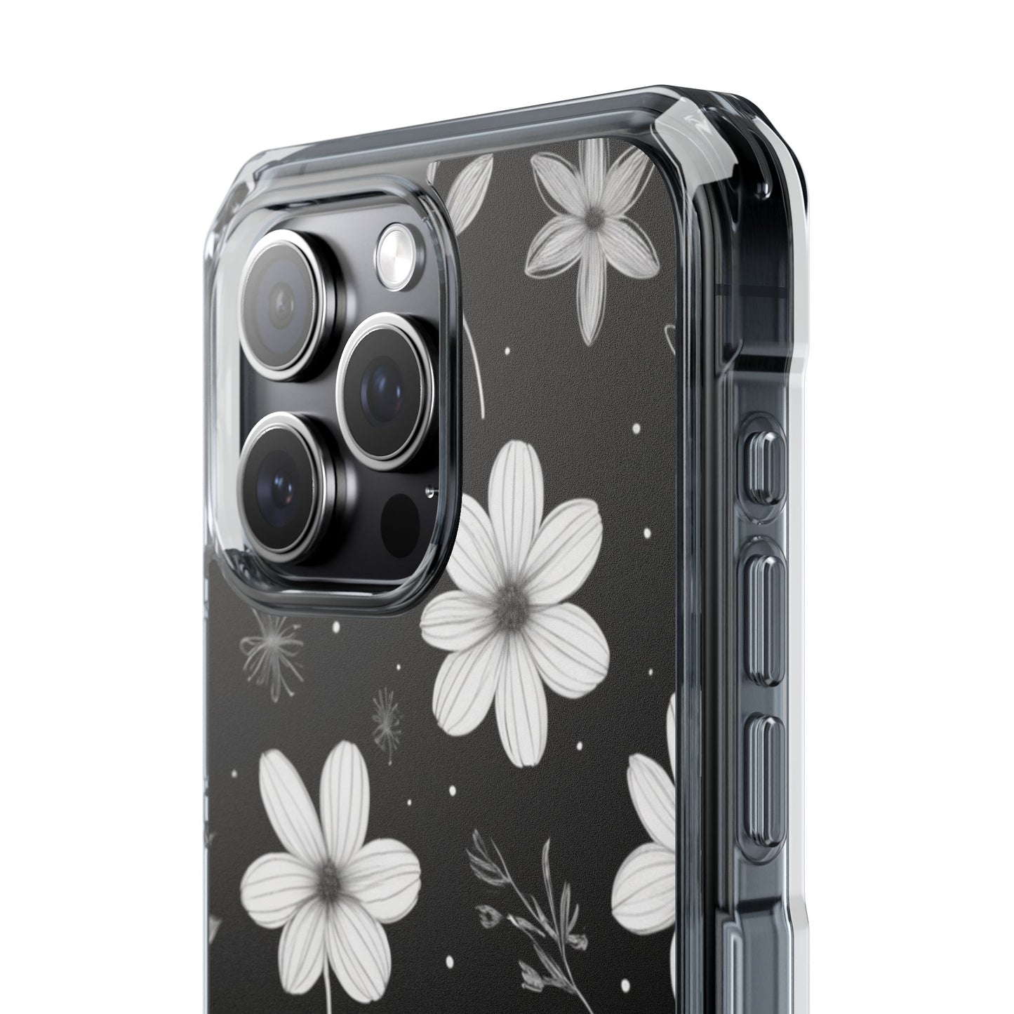 Chic Black and White Floral Print Magnetic Clear Impact Case for iPhone 16 15 14