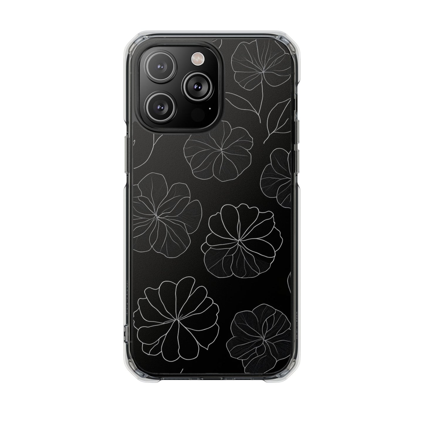 Black Floral Magnetic Clear Impact Case for iPhone 16 15 14