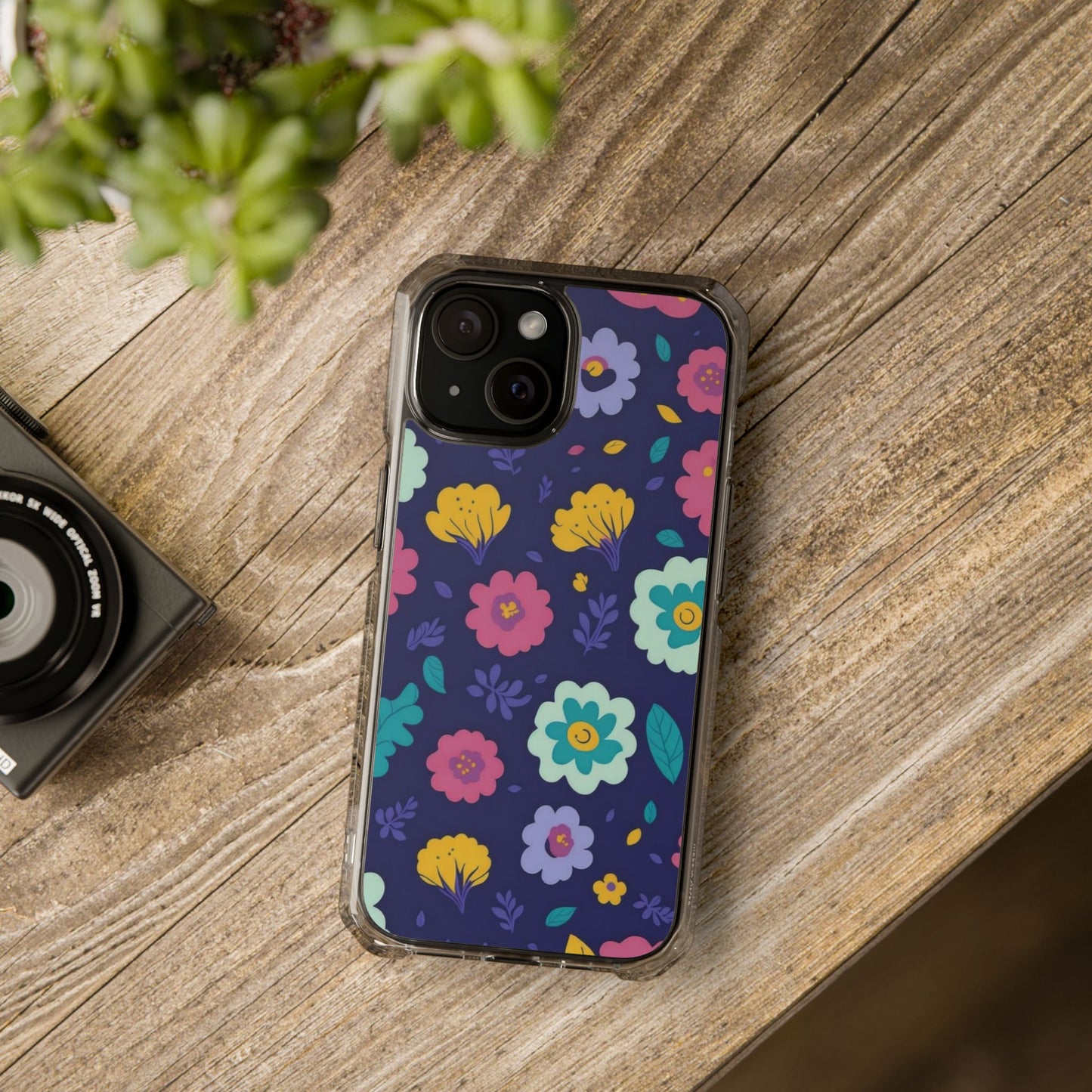 Purple Floral Magnetic Clear Impact Case for iPhone 16 15 14